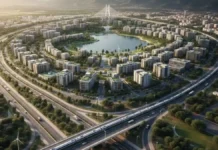 Vue aérienne d'un projet d'aménagement urbain moderne montrant des routes structurées et des zones vertes intégrées en Tunisie.