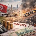 Illustration réaliste de la fiscalité tunisienne montrant des pièces et documents fiscaux au premier plan, un marché informel et la ville de Tunis en arrière-plan, symbolisant la pression fiscale, l’informalité et la crise de confiance.
