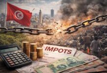 Illustration réaliste de la fiscalité tunisienne montrant des pièces et documents fiscaux au premier plan, un marché informel et la ville de Tunis en arrière-plan, symbolisant la pression fiscale, l’informalité et la crise de confiance.