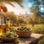 Olives et huile d’olive tunisiennes au premier plan, palmiers dattiers et paysage agricole méditerranéen, illustrant l’intégration de la blockchain dans l’agriculture en Tunisie.