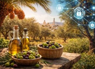 Olives et huile d’olive tunisiennes au premier plan, palmiers dattiers et paysage agricole méditerranéen, illustrant l’intégration de la blockchain dans l’agriculture en Tunisie.