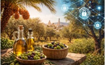 Olives et huile d’olive tunisiennes au premier plan, palmiers dattiers et paysage agricole méditerranéen, illustrant l’intégration de la blockchain dans l’agriculture en Tunisie.